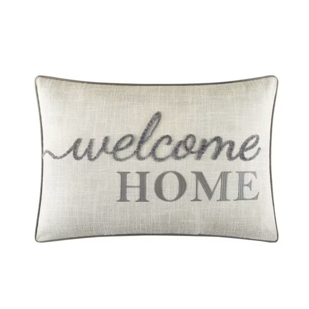 Mainstays Welcome Home Decorative Pillow Gray Faux Linen 14x20 Embroidered